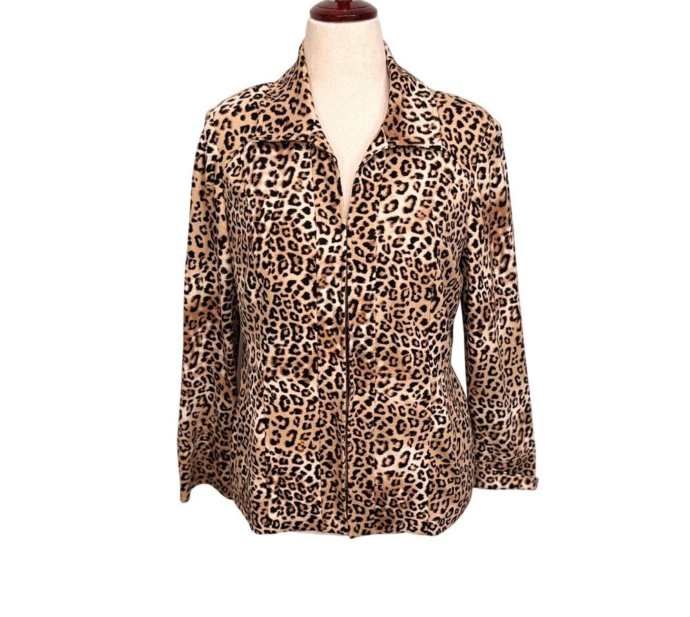 Chico's knit jacket black tan animal print lined pockets collar cuffs Sz 1 US M